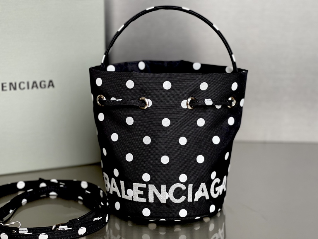 Copy Balenciaga Wheel XS Drawstring Bucket Bag in Black and wWhite Printed Recycled Nylon