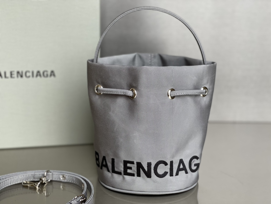 Copy Balenciaga Wheel XS Drawstring Bucket Bag in Gray