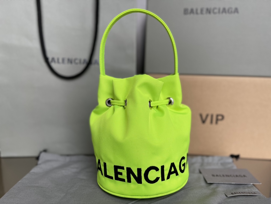 Copy Balenciaga Wheel XS Drawstring Bucket Bag in Green