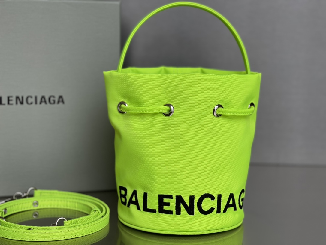 Copy Balenciaga Wheel XS Drawstring Bucket Bag in Green