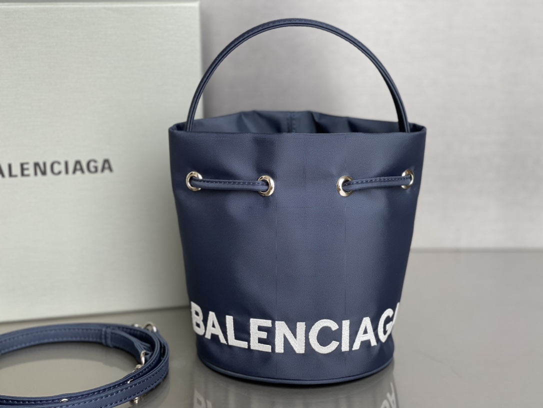 Copy Balenciaga Wheel XS Drawstring Bucket Bag in Navy