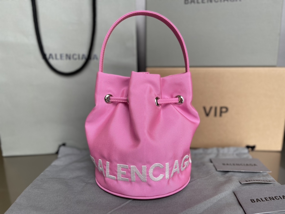 Copy Balenciaga Wheel XS Drawstring Bucket Bag in Pink