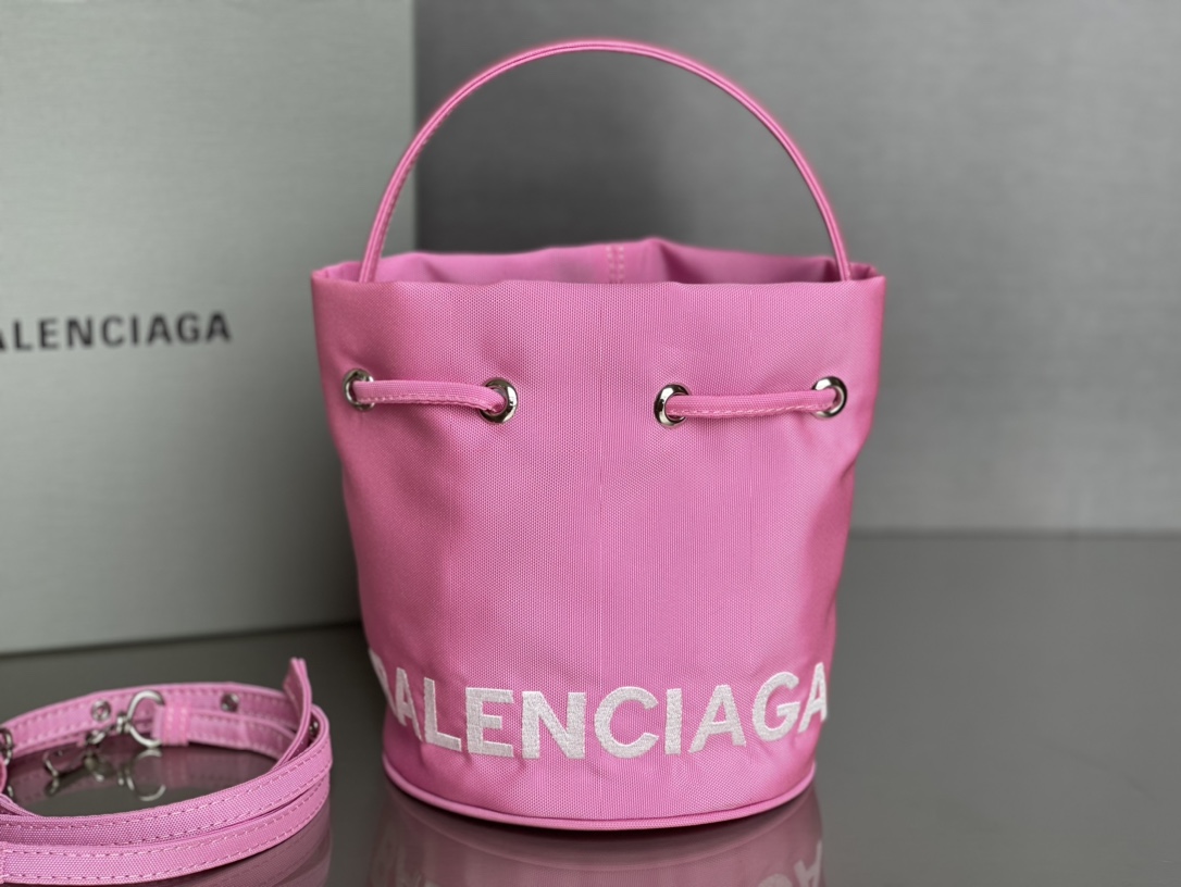 Copy Balenciaga Wheel XS Drawstring Bucket Bag in Pink