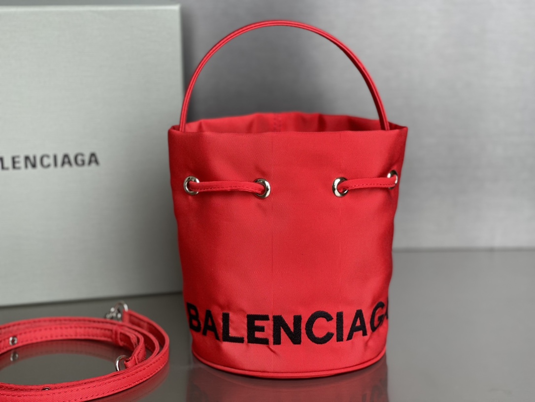 Copy Balenciaga Wheel XS Drawstring Bucket Bag in Red