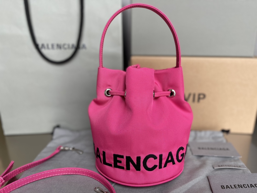 Copy Balenciaga Wheel XS Drawstring Bucket Bag in Rose