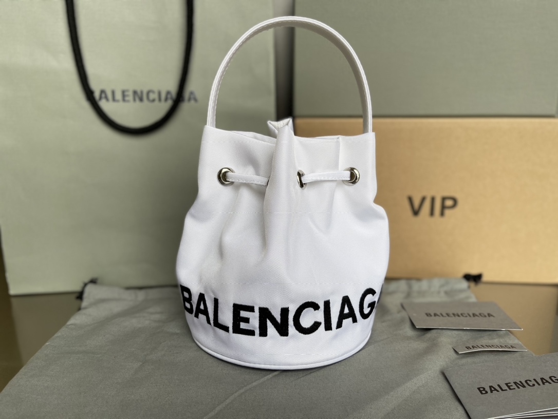 Copy Balenciaga Wheel XS Drawstring Bucket Bag in White