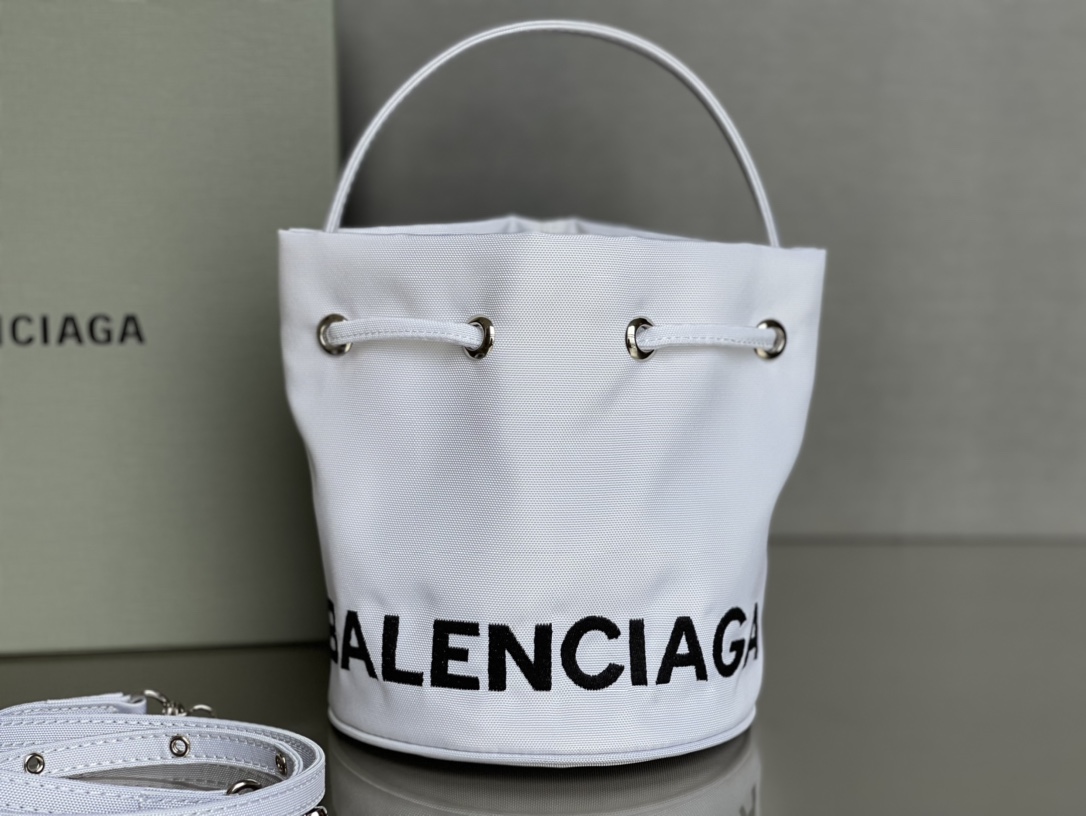 Copy Balenciaga Wheel XS Drawstring Bucket Bag in White