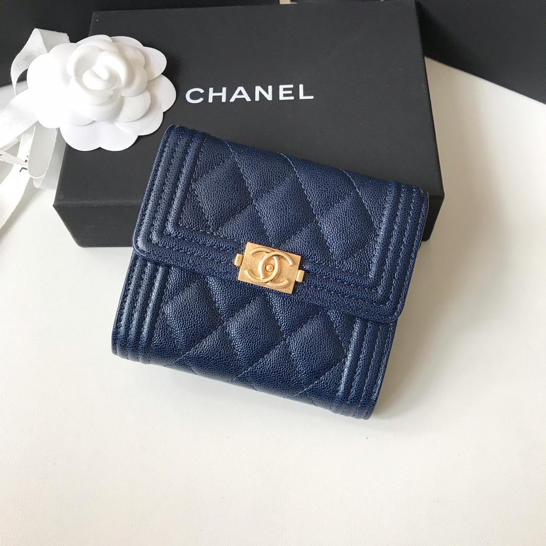 Copy Boy Chanel A81965 Small Flap Wallet Grained Calfskin Gold Tone Metal Blue