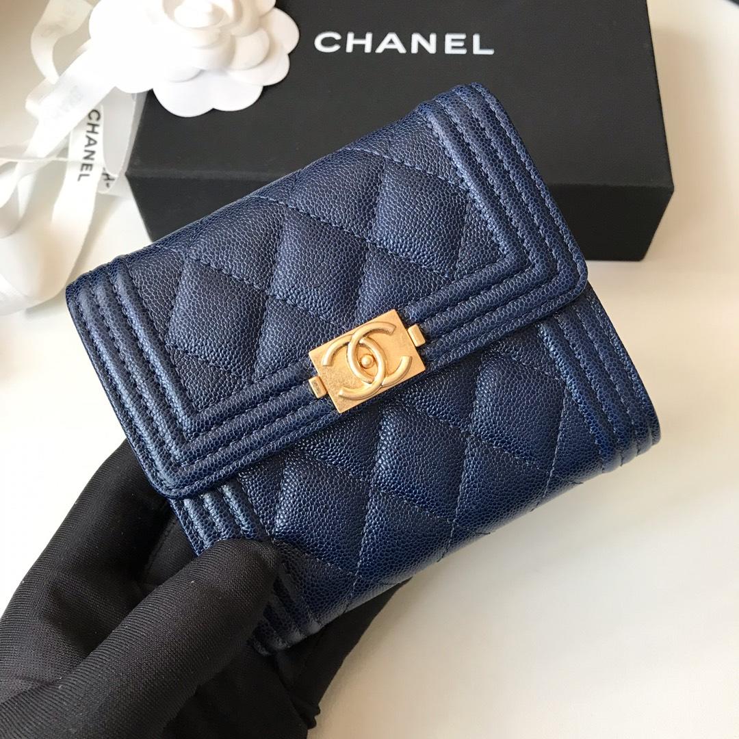 Copy Boy Chanel A81965 Small Flap Wallet Grained Calfskin Gold Tone Metal Blue