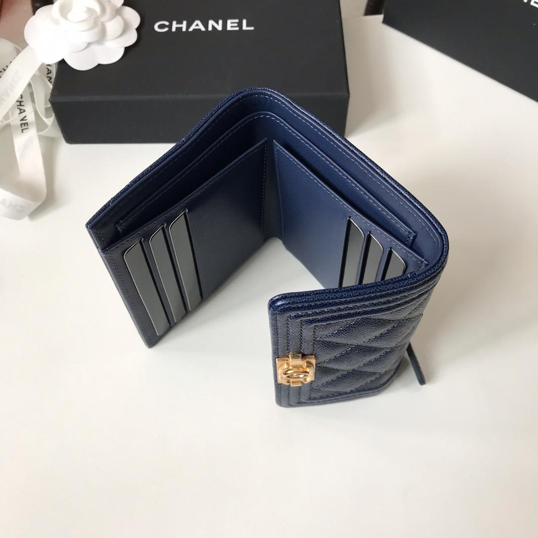 Copy Boy Chanel A81965 Small Flap Wallet Grained Calfskin Gold Tone Metal Blue