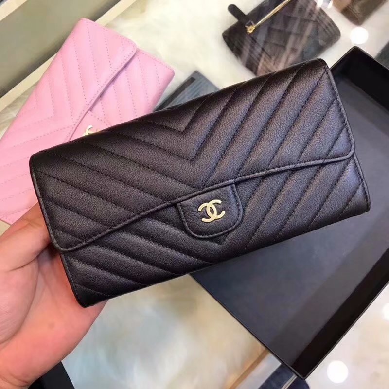 Copy Chanel CF Classic Flap Wallet Lambskin Gold Tone Metal Black