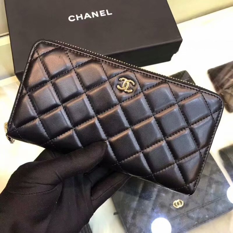 Copy Chanel Classic Zipped Wallet Lambskin Leather Gold Tone Metal