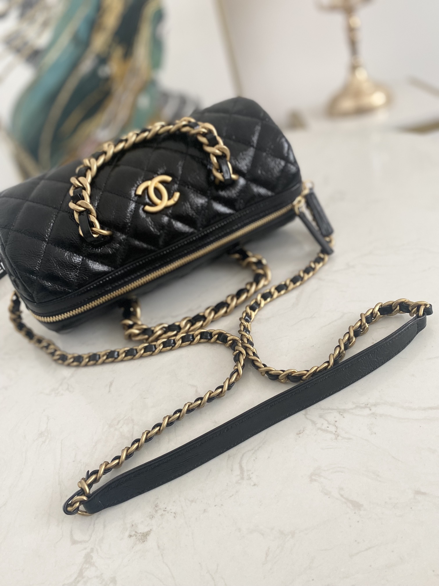 Copy Chanel Mini Bowling Bag Black Leather 1897