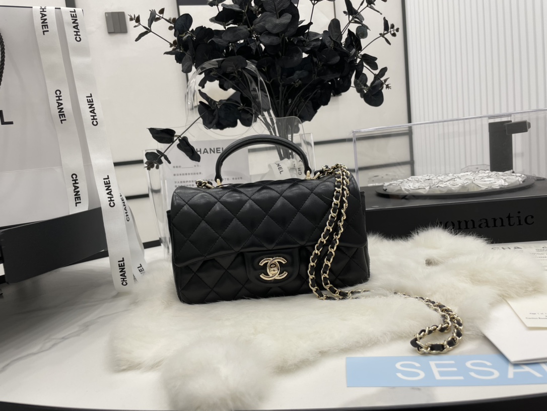 Copy Chanel Mini Flap Bag With Top Handle Lambskin Gold-Tone Metal Black AS2431