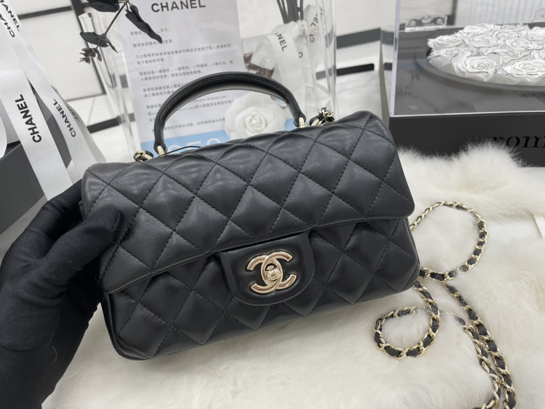 Copy Chanel Mini Flap Bag With Top Handle Lambskin Gold-Tone Metal Black AS2431