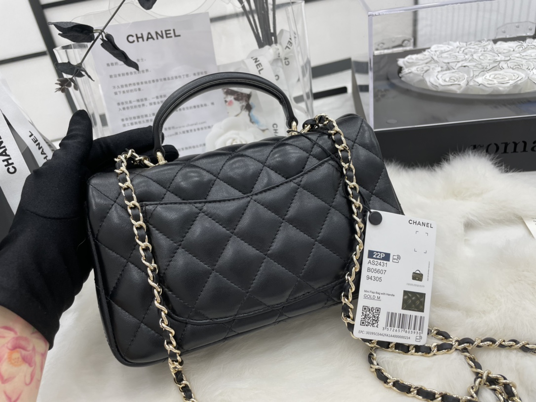 Copy Chanel Mini Flap Bag With Top Handle Lambskin Gold-Tone Metal Black AS2431