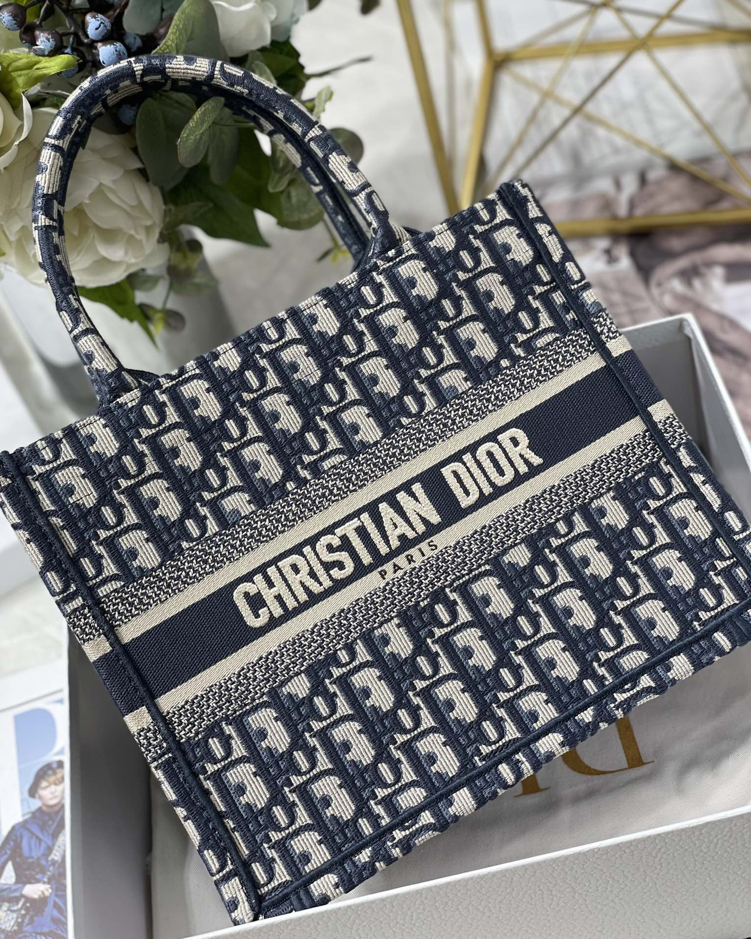 Copy Dior Book Tote Bag Blue Toile de Jouy Reverse Embroidery 