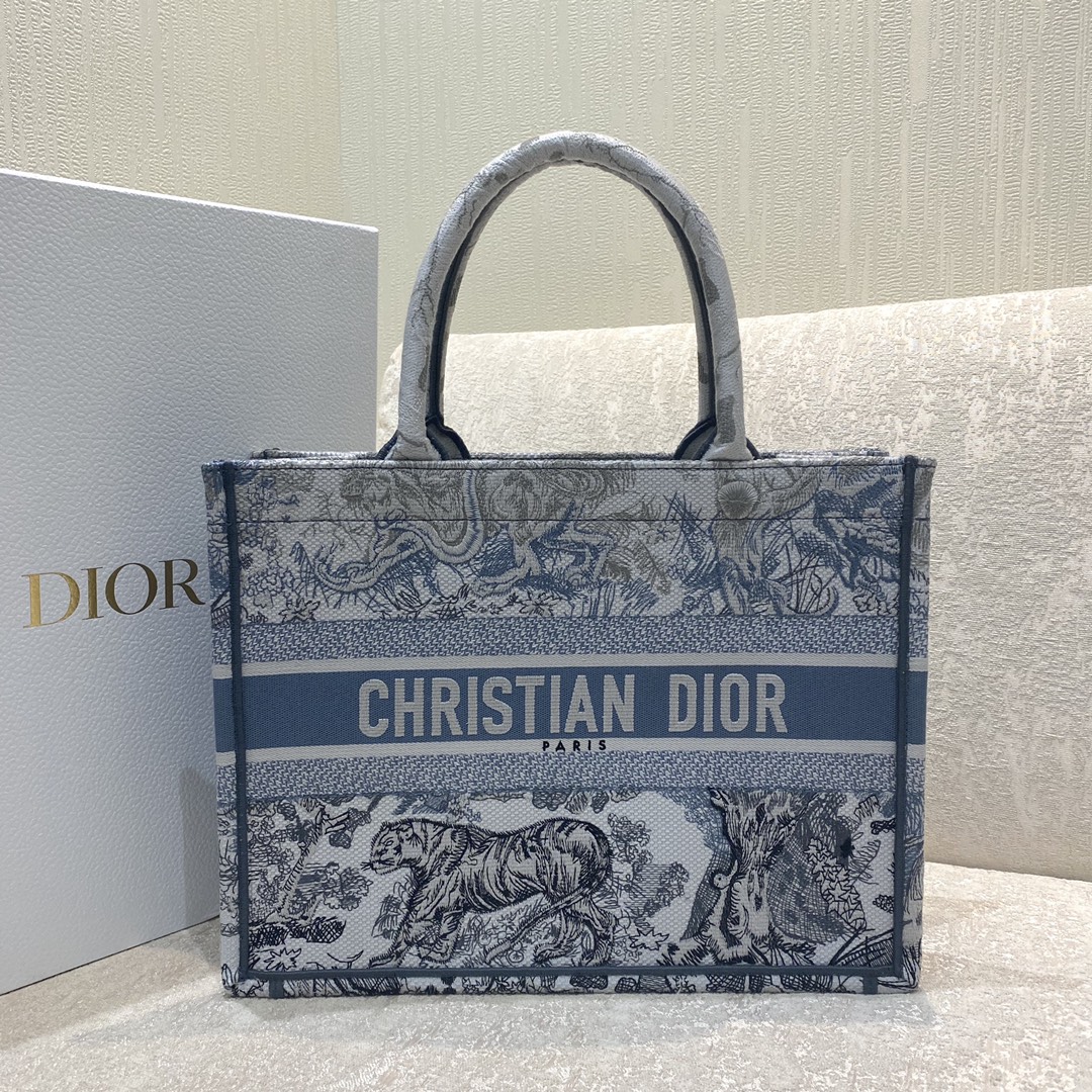 Copy Dior Book Tote Bag Small 36cm Butterfly Blue Tiger Embroidery