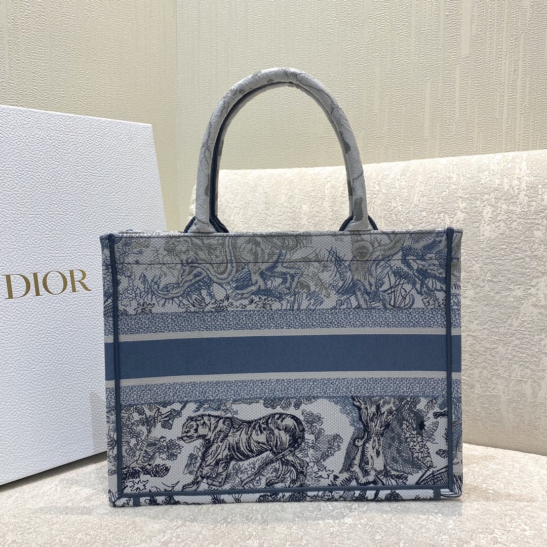 Copy Dior Book Tote Bag Small 36cm Butterfly Blue Tiger Embroidery