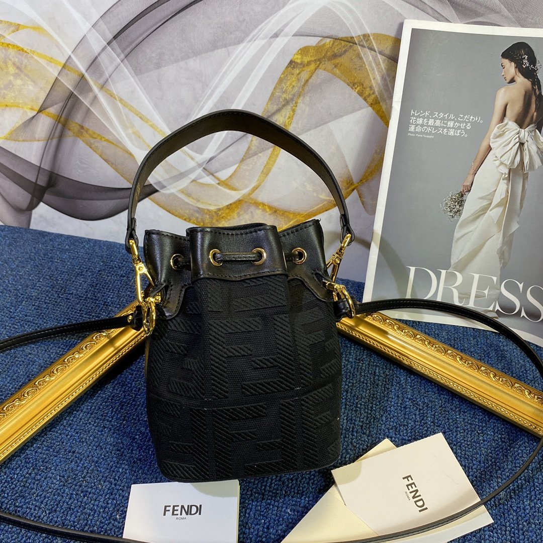 Copy Fendi Mon Tresor Bucket Bag in Black Canvas with Embroidered FF Motif