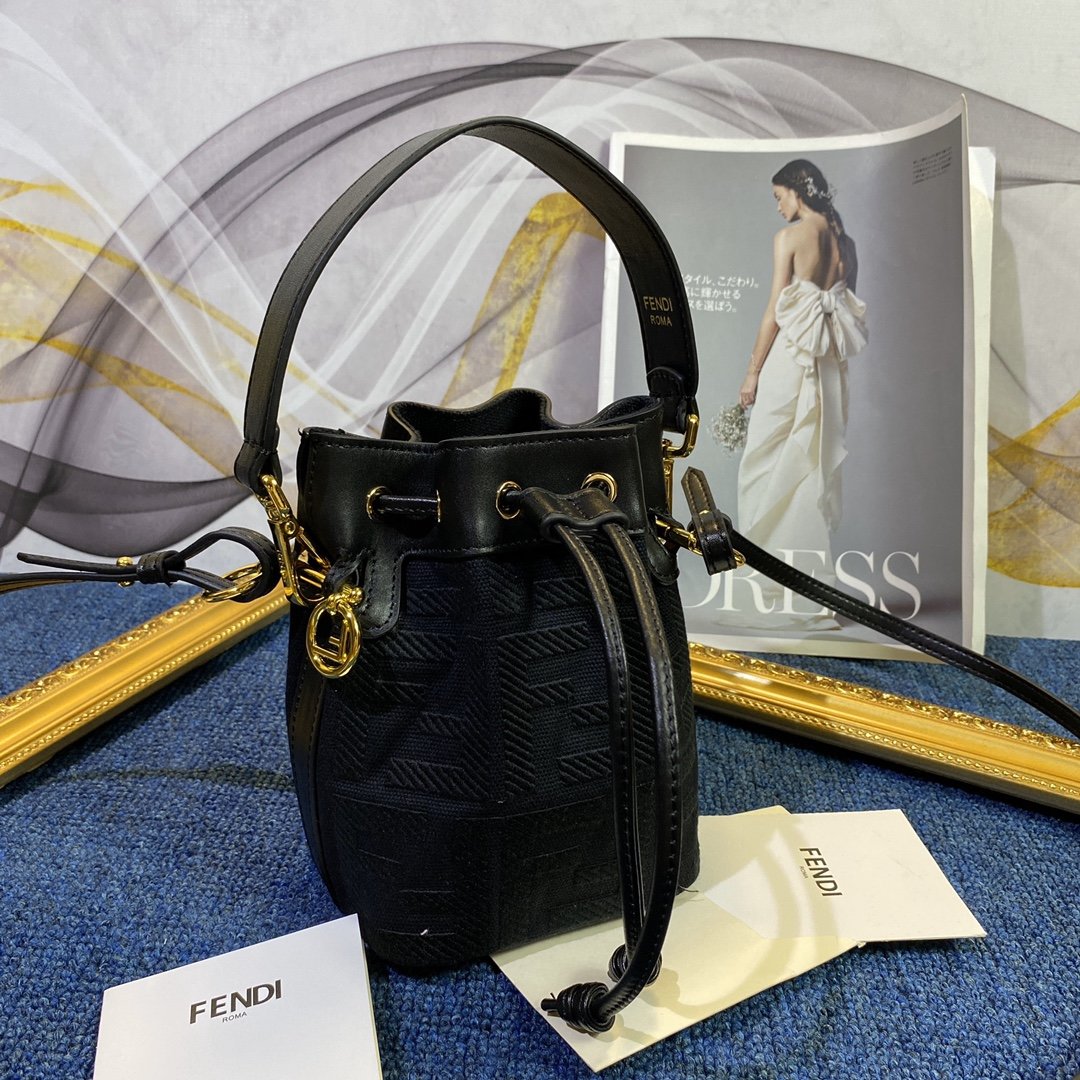 Copy Fendi Mon Tresor Bucket Bag in Black Canvas with Embroidered FF Motif