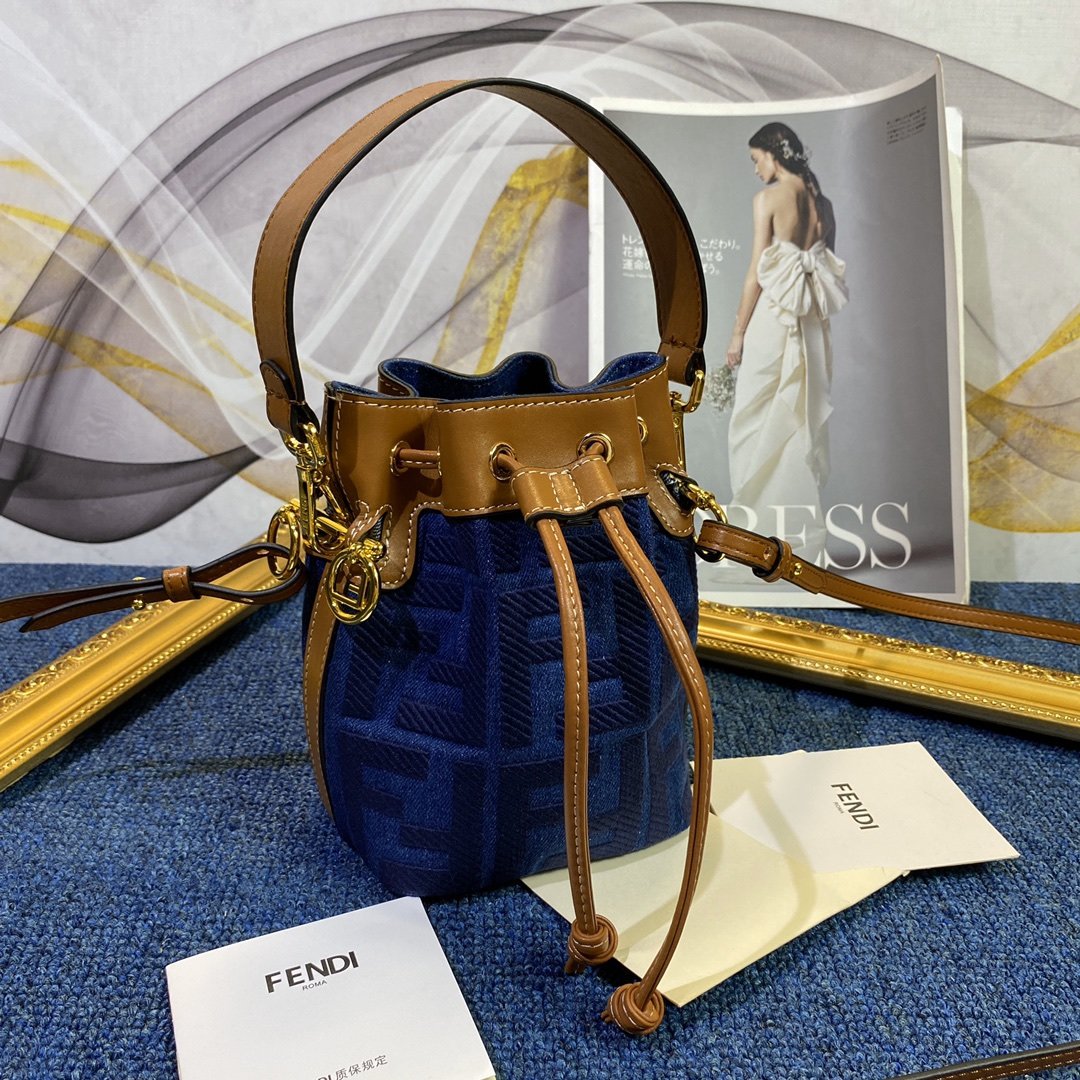 Copy Fendi Mon Tresor Bucket Bag in Blue Canvas with Embroidered FF Motif