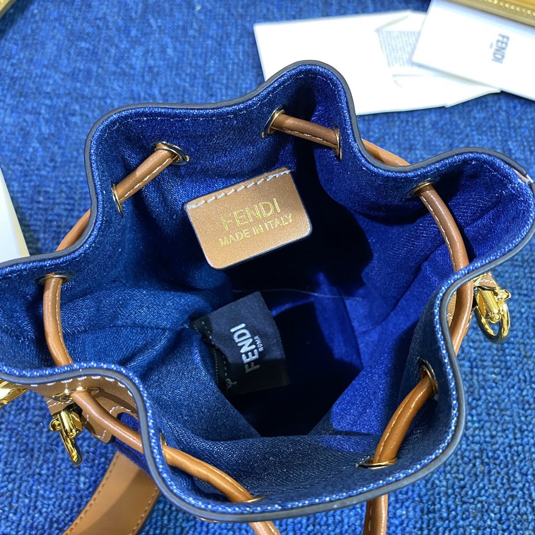 Copy Fendi Mon Tresor Bucket Bag in Blue Canvas with Embroidered FF Motif