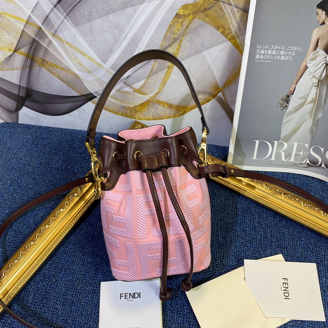 Copy Fendi Mon Tresor Bucket Bag in Pink Canvas with Embroidered FF Motif