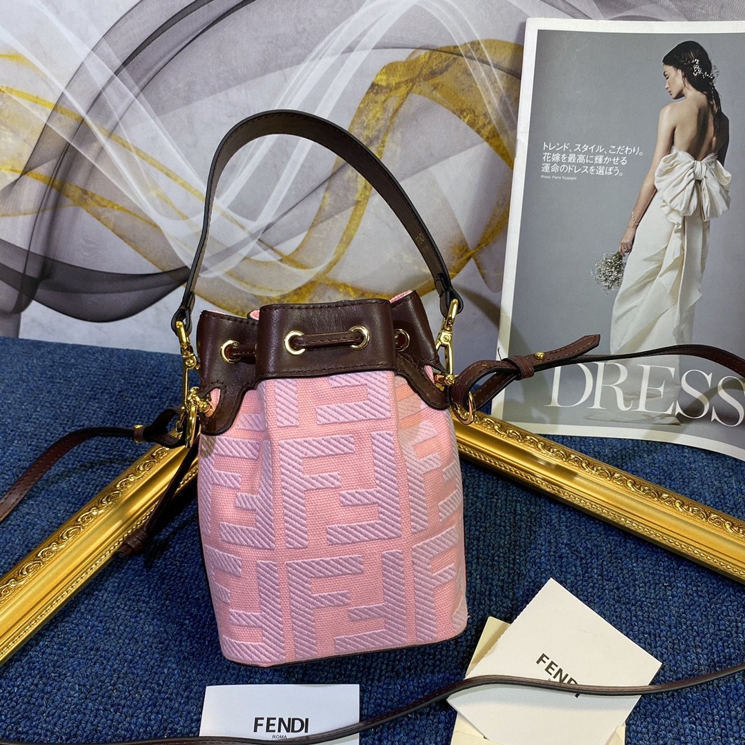 Copy Fendi Mon Tresor Bucket Bag in Pink Canvas with Embroidered FF Motif