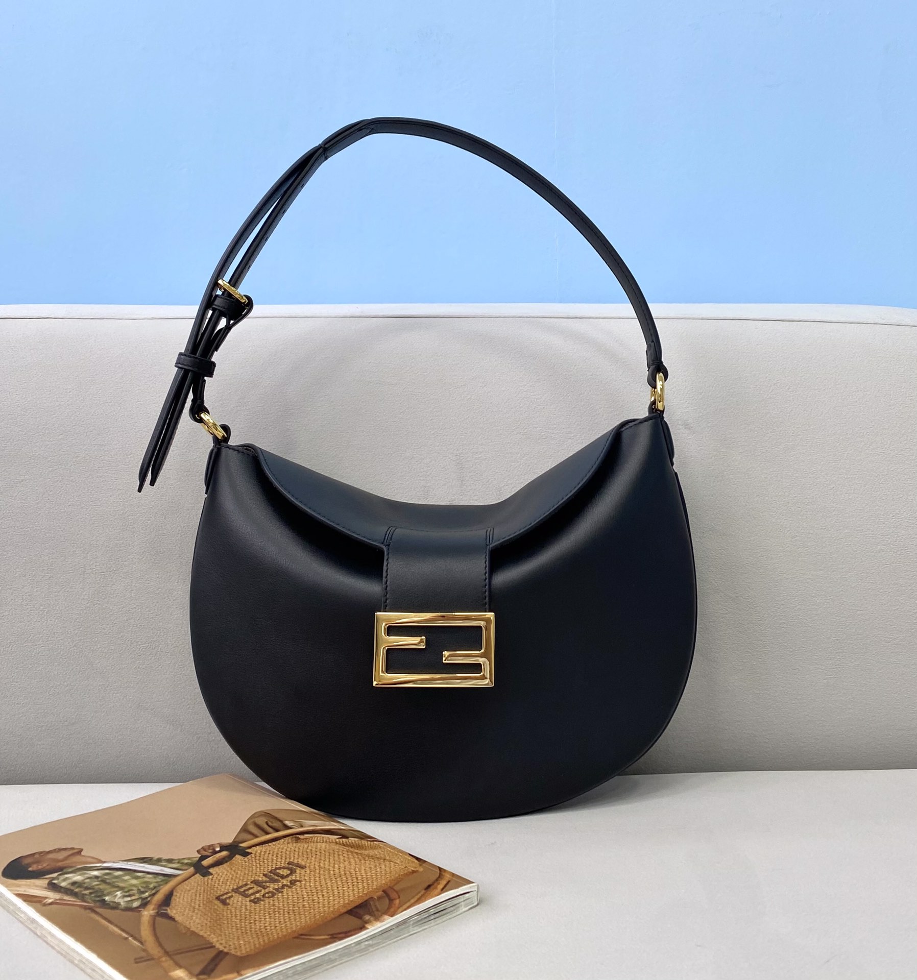 Copy Fendi Small Croissant Hobo Bag Black Leather Bag