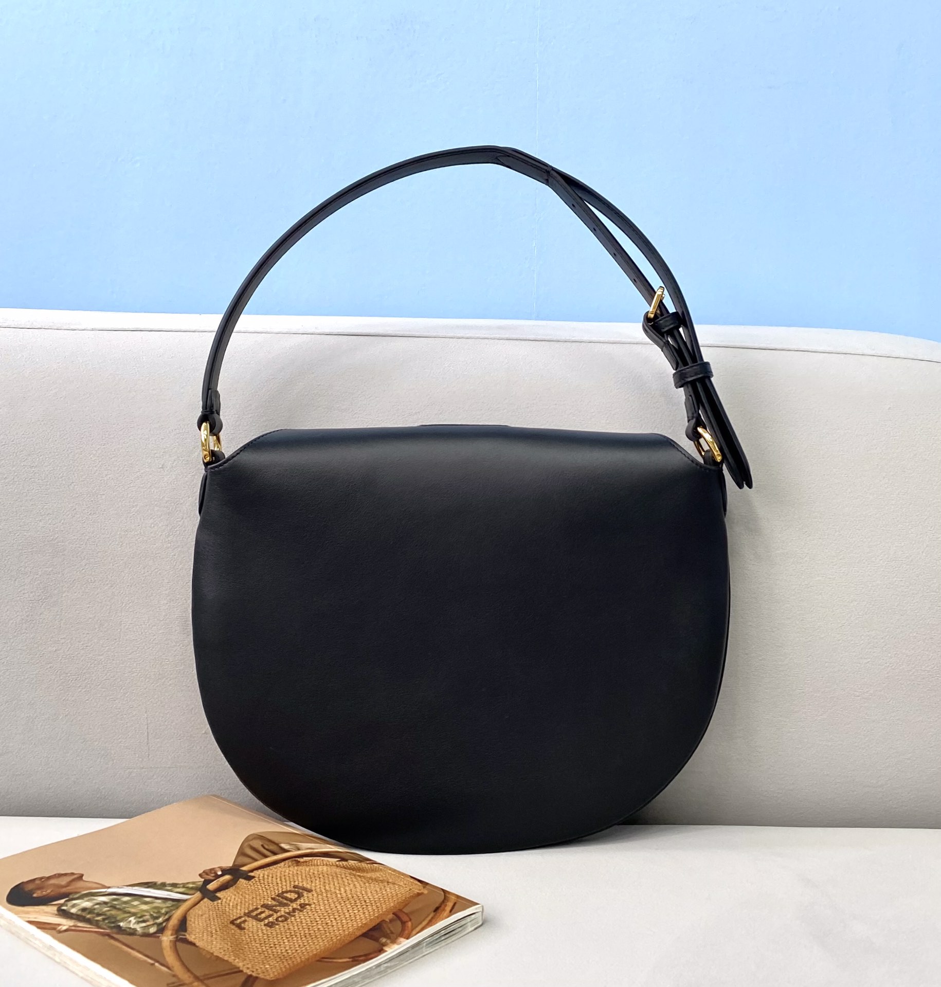 Copy Fendi Small Croissant Hobo Bag Black Leather Bag