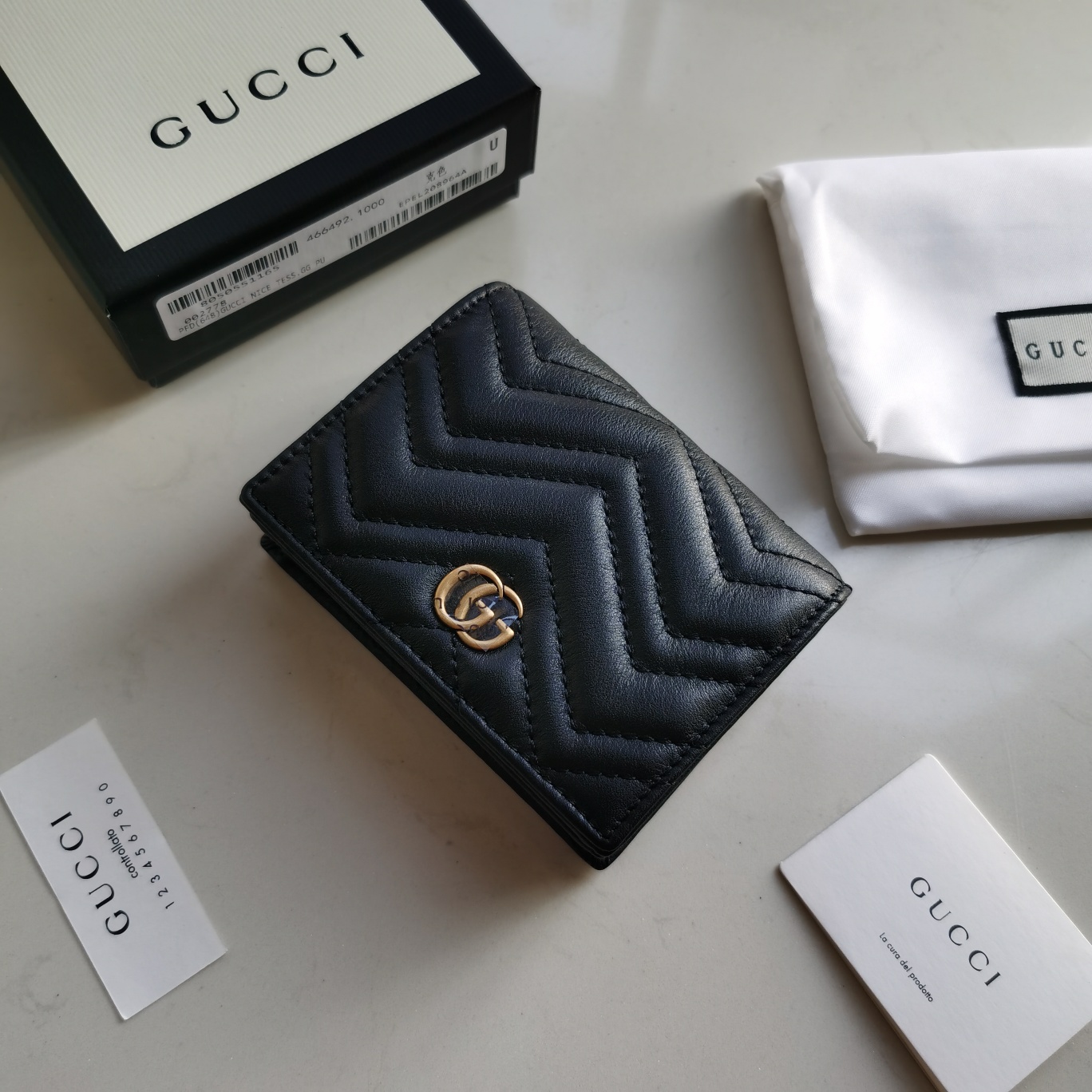 Copy Gucci 466492 Women GG Marmont Card Case Wallet Black Matelasse Chevron Leather