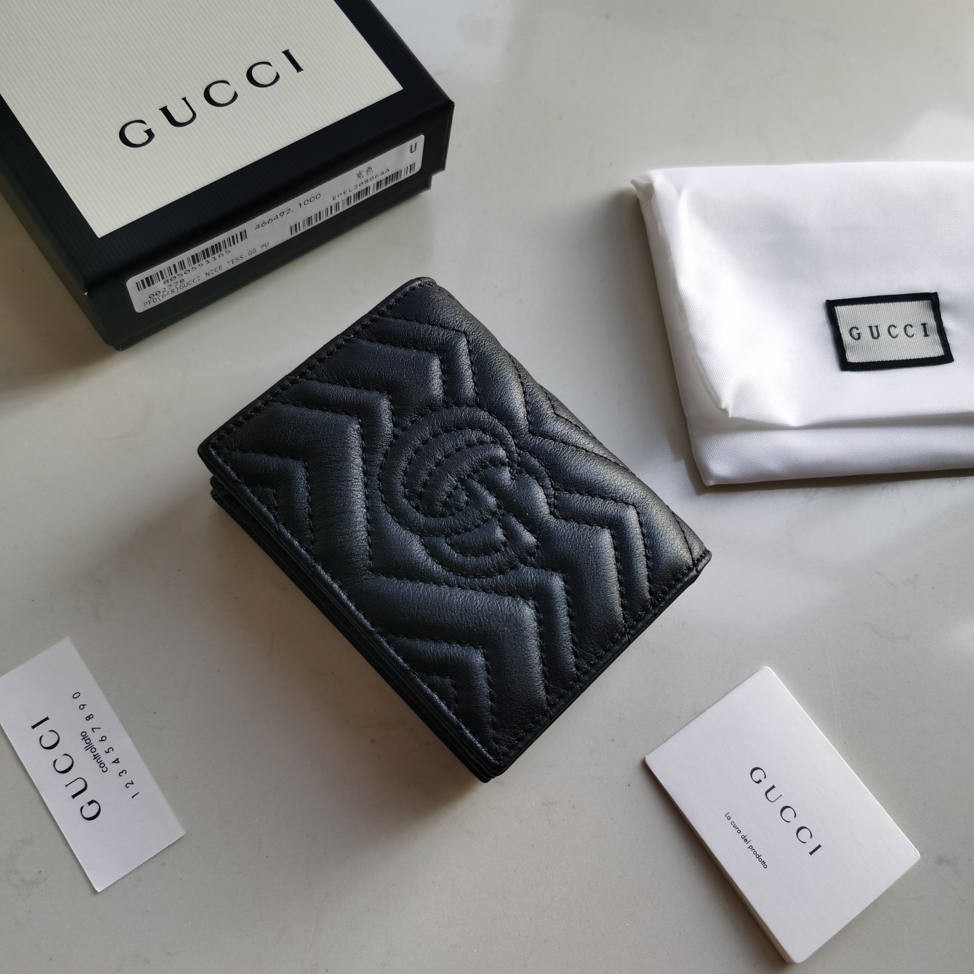 Copy Gucci 466492 Women GG Marmont Card Case Wallet Black Matelasse Chevron Leather