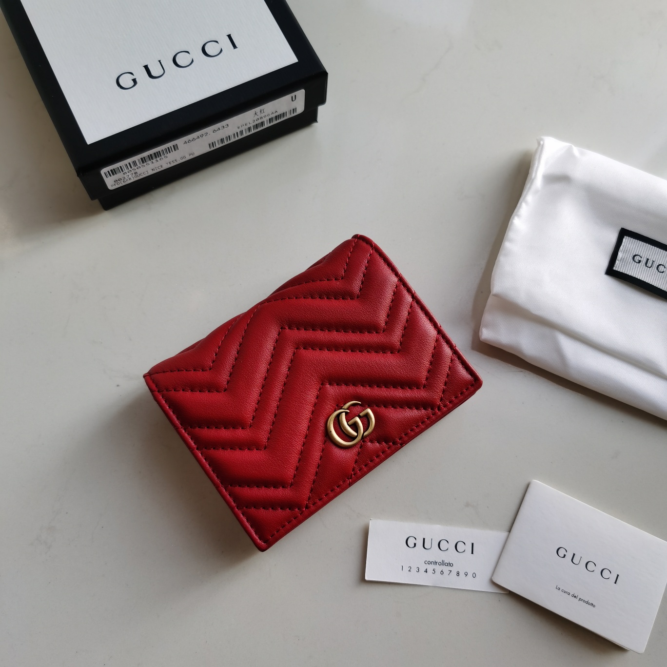 Copy Gucci 466492 Women GG Marmont Card Case Wallet Red Matelasse Chevron Leather