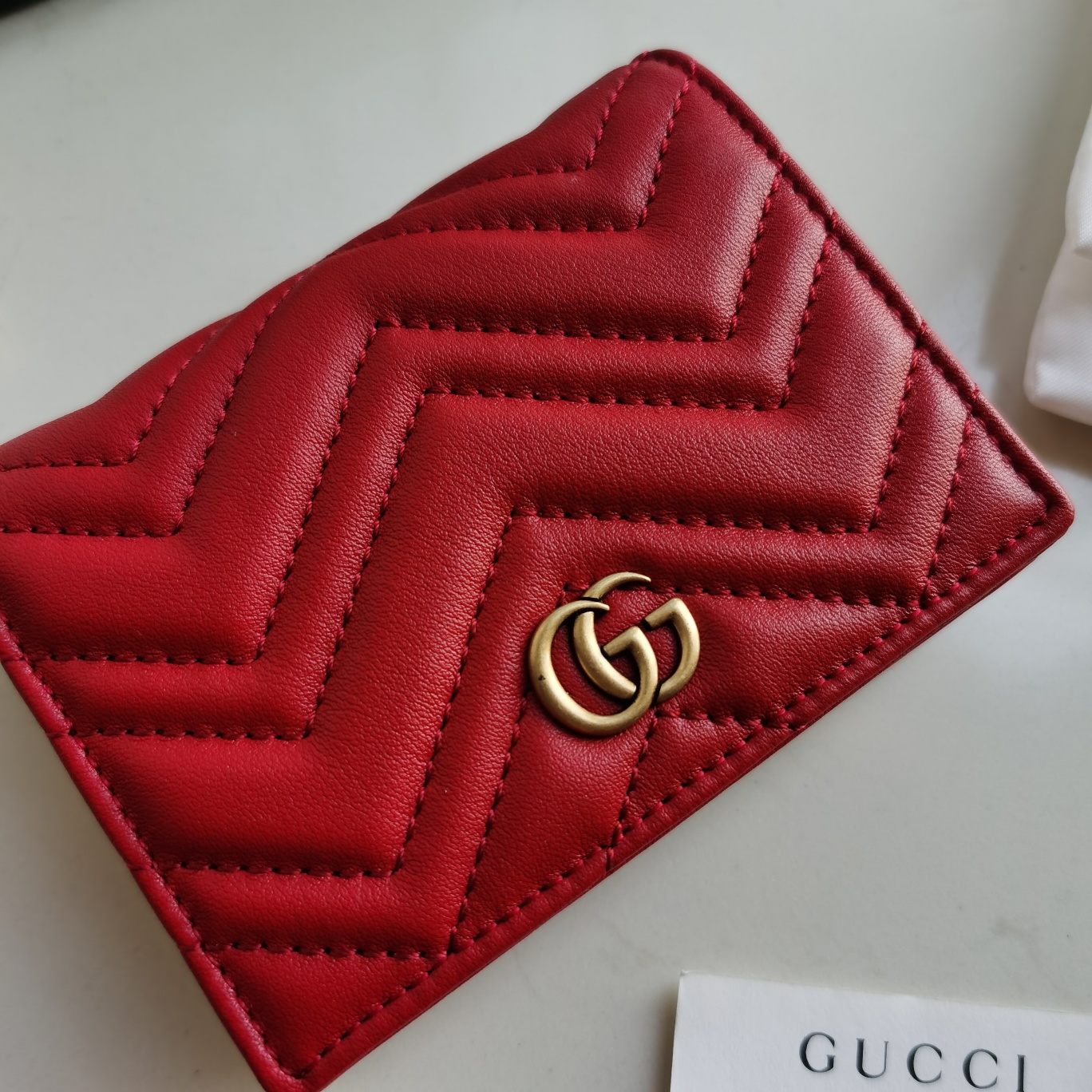 Copy Gucci 466492 Women GG Marmont Card Case Wallet Red Matelasse Chevron Leather