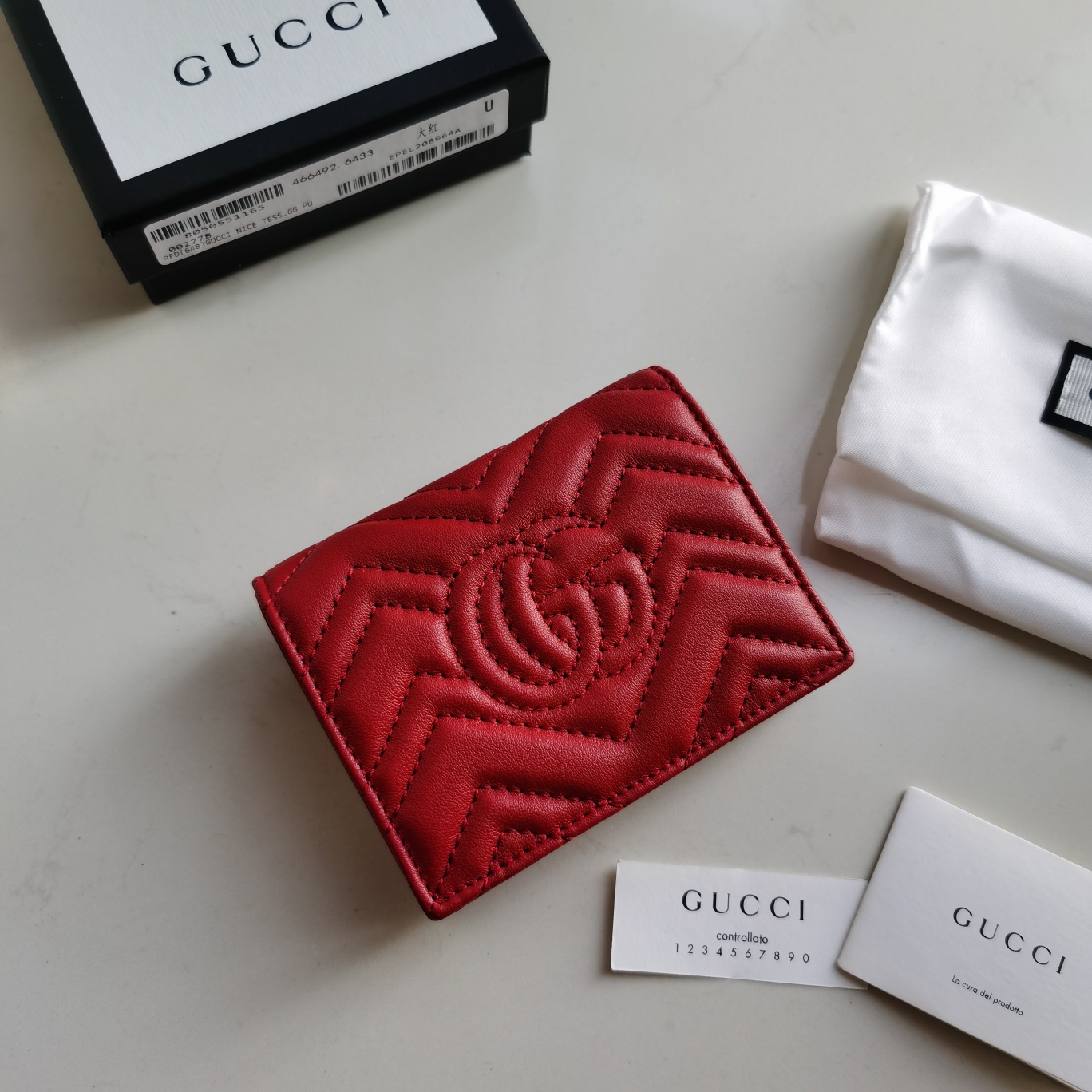 Copy Gucci 466492 Women GG Marmont Card Case Wallet Red Matelasse Chevron Leather