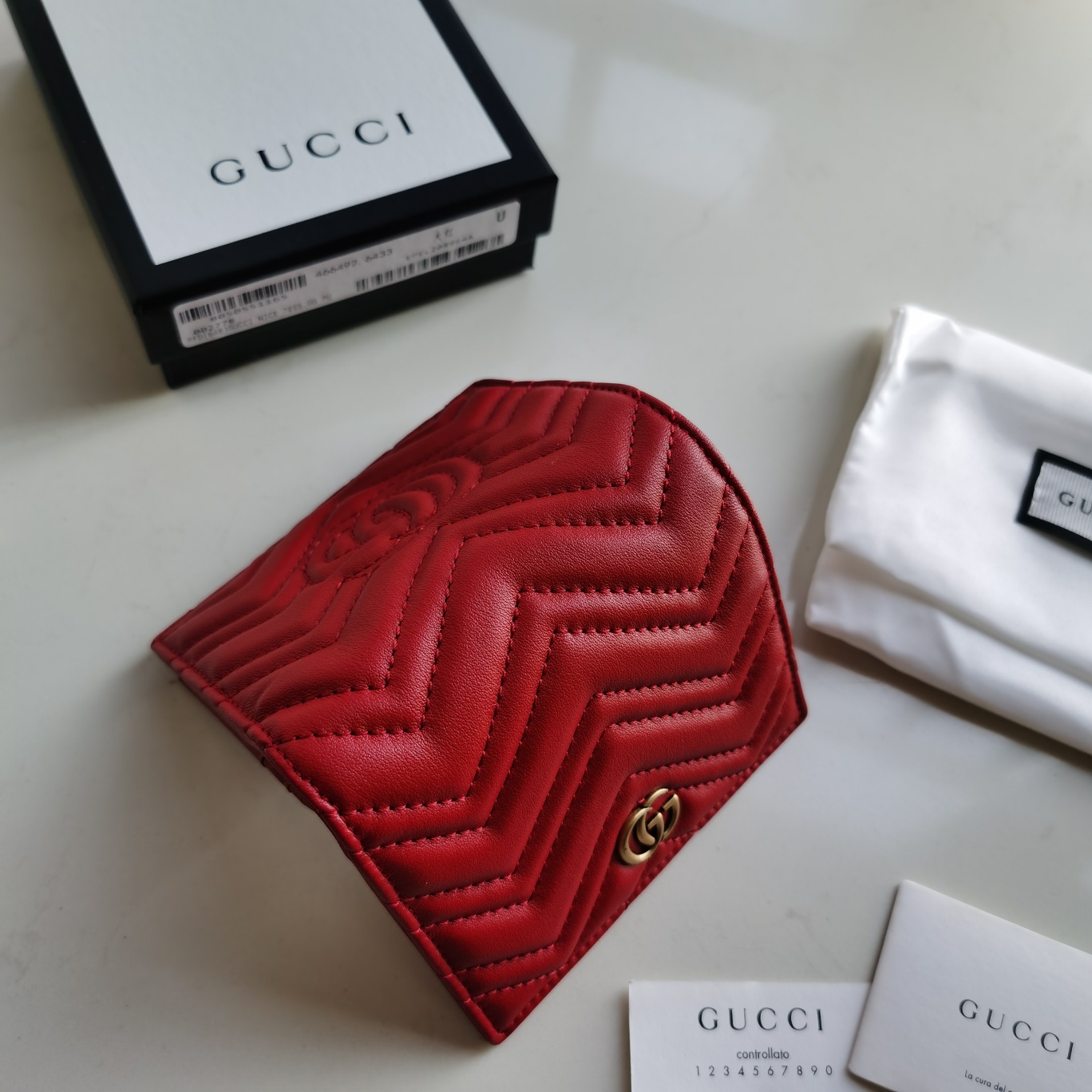 Copy Gucci 466492 Women GG Marmont Card Case Wallet Red Matelasse Chevron Leather