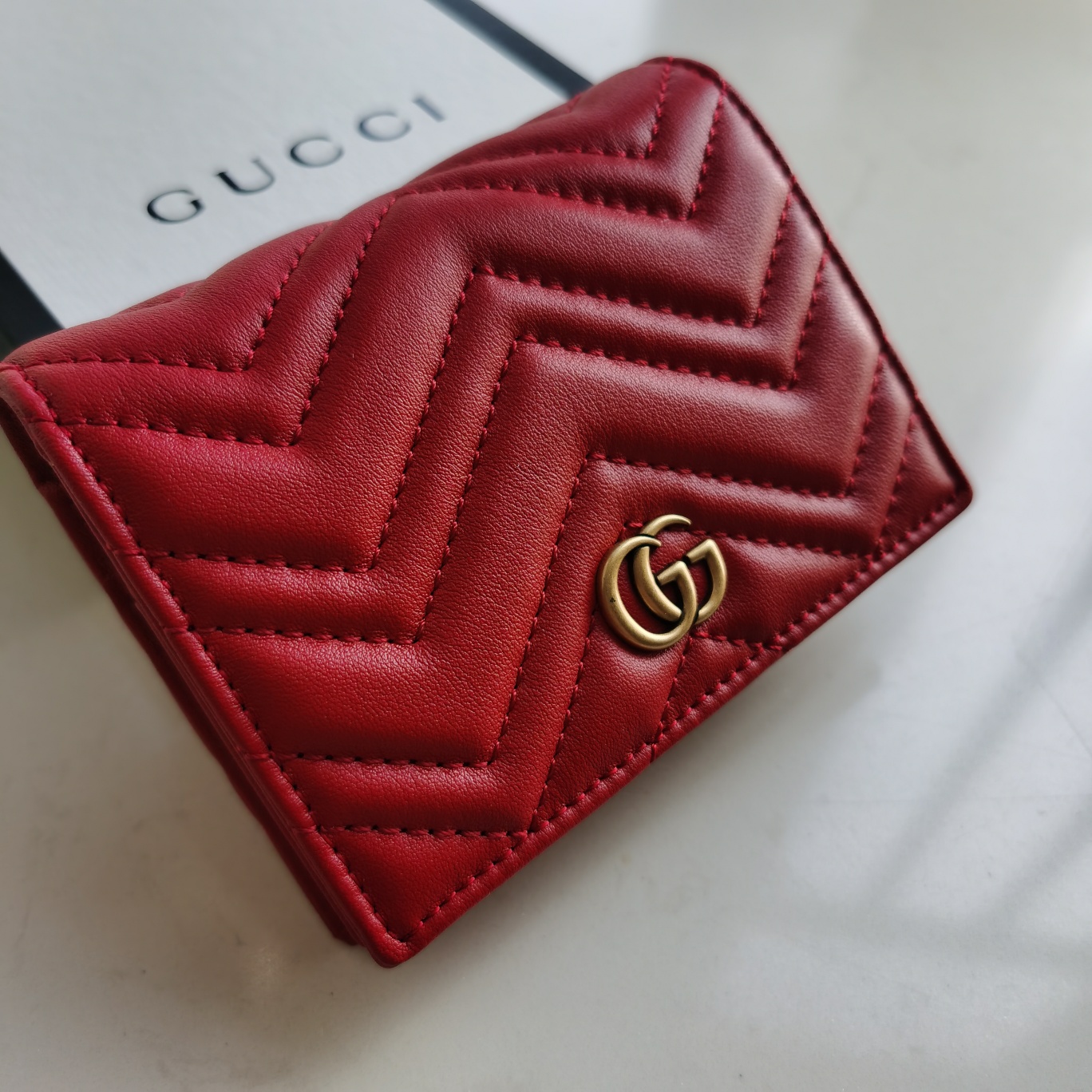 Copy Gucci 466492 Women GG Marmont Card Case Wallet Red Matelasse Chevron Leather