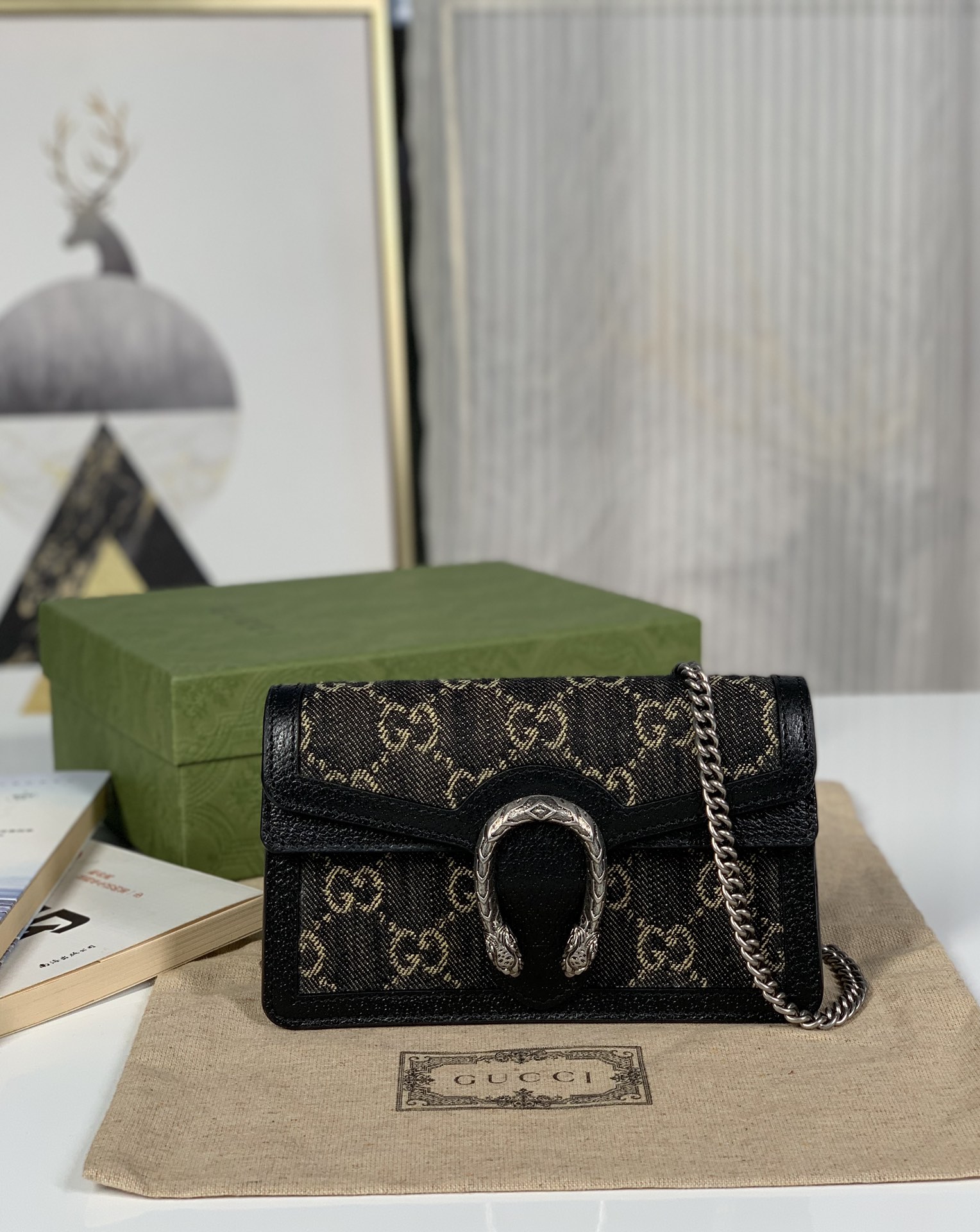 Copy Gucci 476432 Dionysus GG Super Mini Bag Black and Ivory GG Denim Jacquard