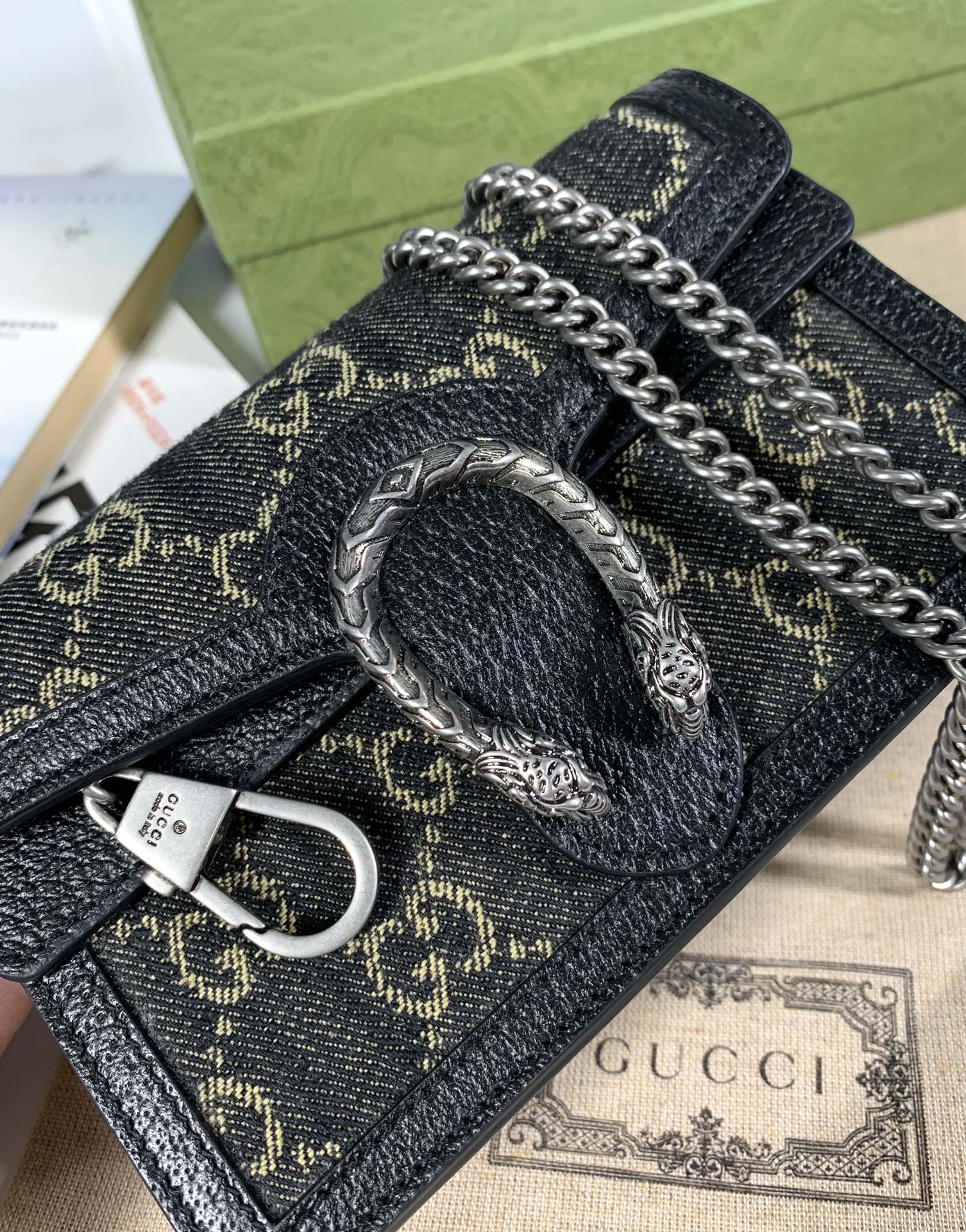 Copy Gucci 476432 Dionysus GG Super Mini Bag Black and Ivory GG Denim Jacquard