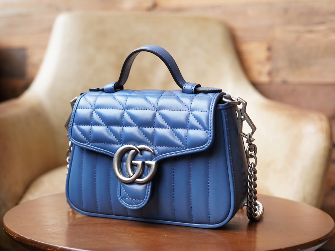 Copy Gucci Women GG Marmont Mini Top Handle Bag Blue Matelasse Leather 447632