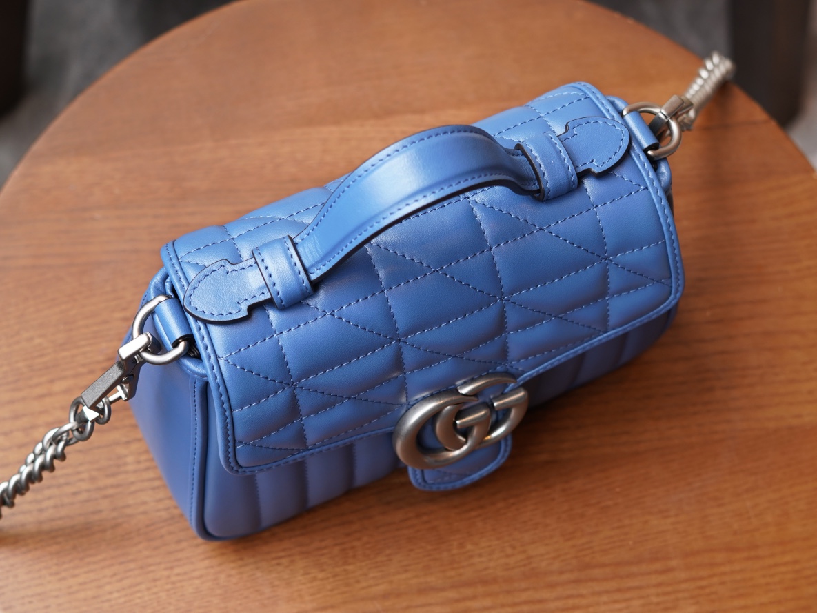 Copy Gucci Women GG Marmont Mini Top Handle Bag Blue Matelasse Leather 447632