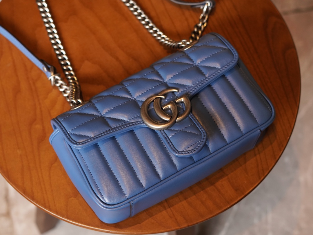 Copy Gucci Women GG Marmont Super Mini Bag 22cm Blue Matelasse Leather 446744