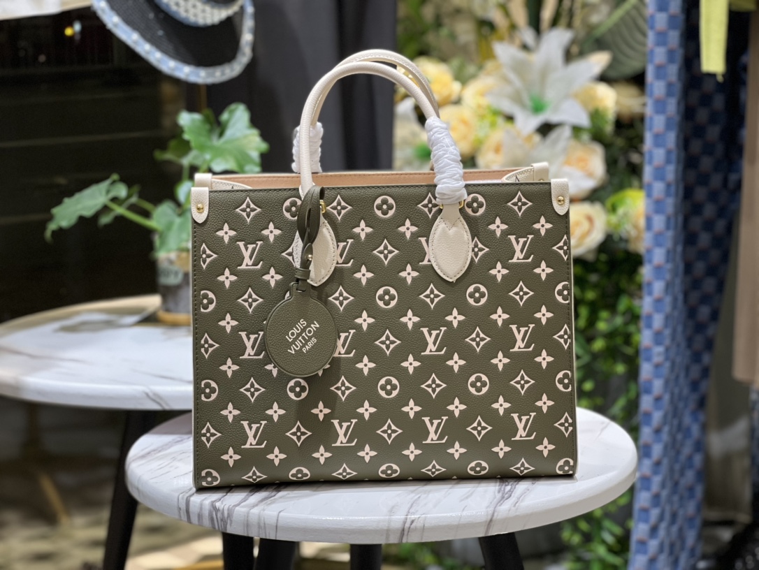 Copy Louis Vuitton OnTheGo Tote Bag Printed and Embossed Grained Cowhide Leather M46060