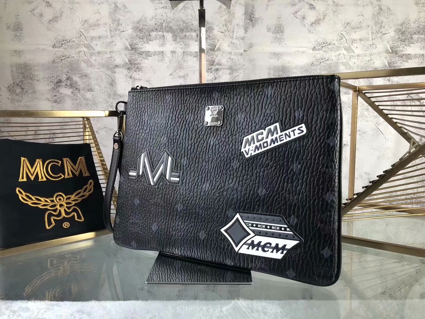 Copy MCM Print Men and Women Wristlet Zip Pouch in Visetos Black