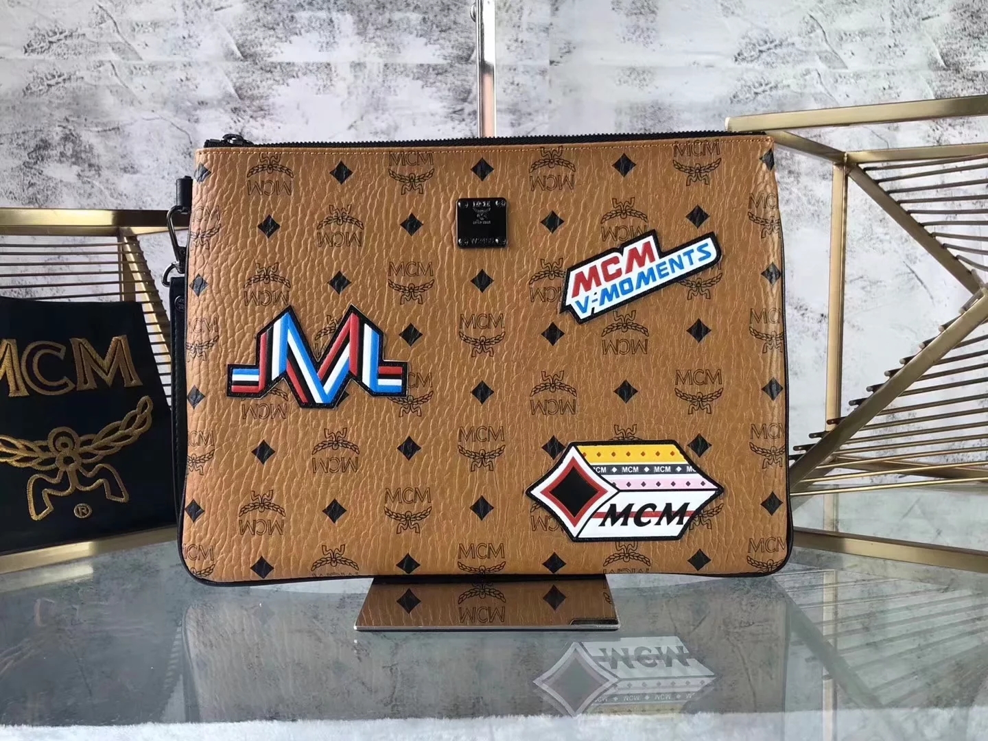 Copy MCM Print Men and Women Wristlet Zip Pouch in Visetos Cognac