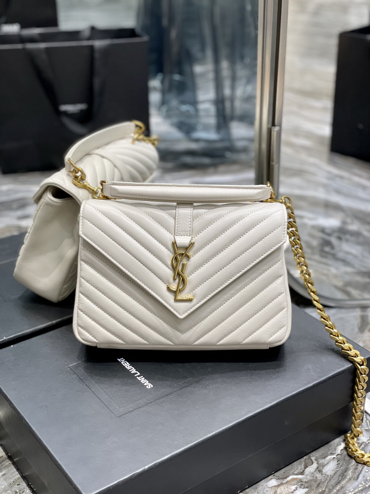 Copy Saint Laurent College Shoulder Bag Medium In Quilted Leather White