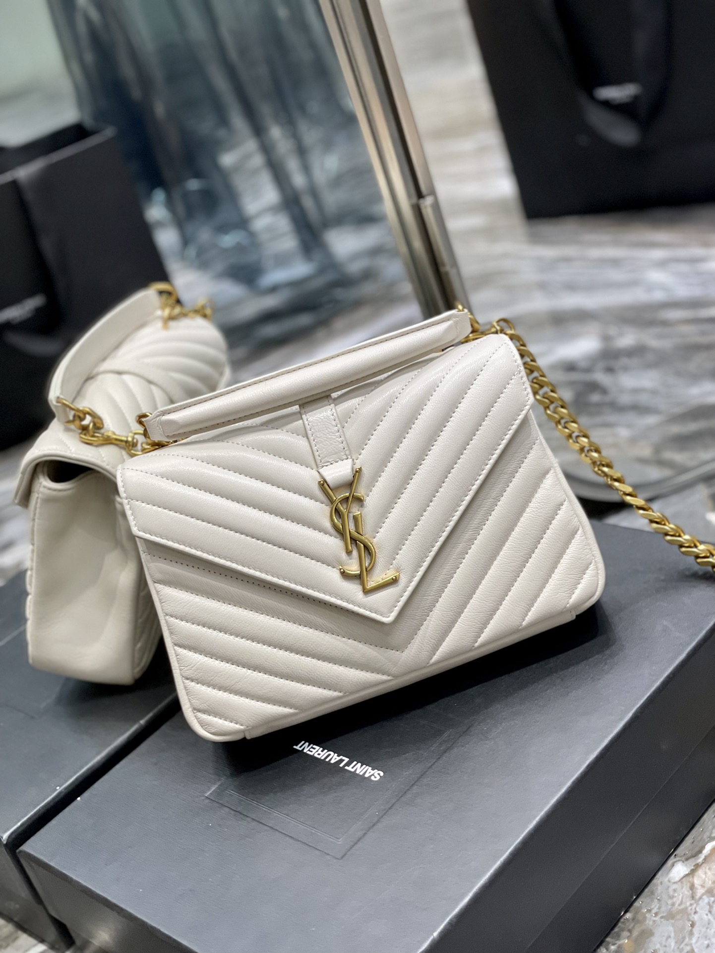 Copy Saint Laurent College Shoulder Bag Medium In Quilted Leather White