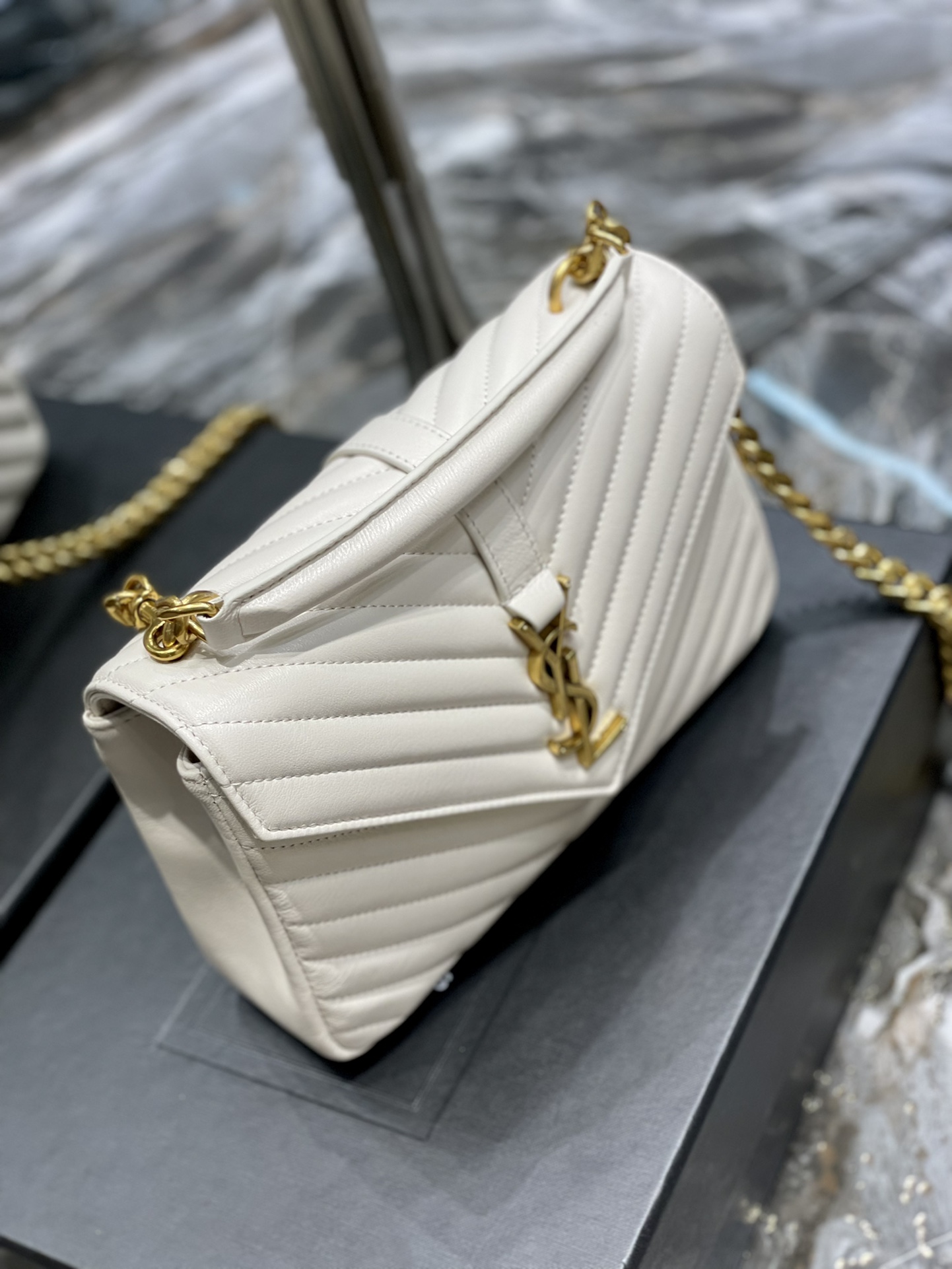 Copy Saint Laurent College Shoulder Bag Medium In Quilted Leather White