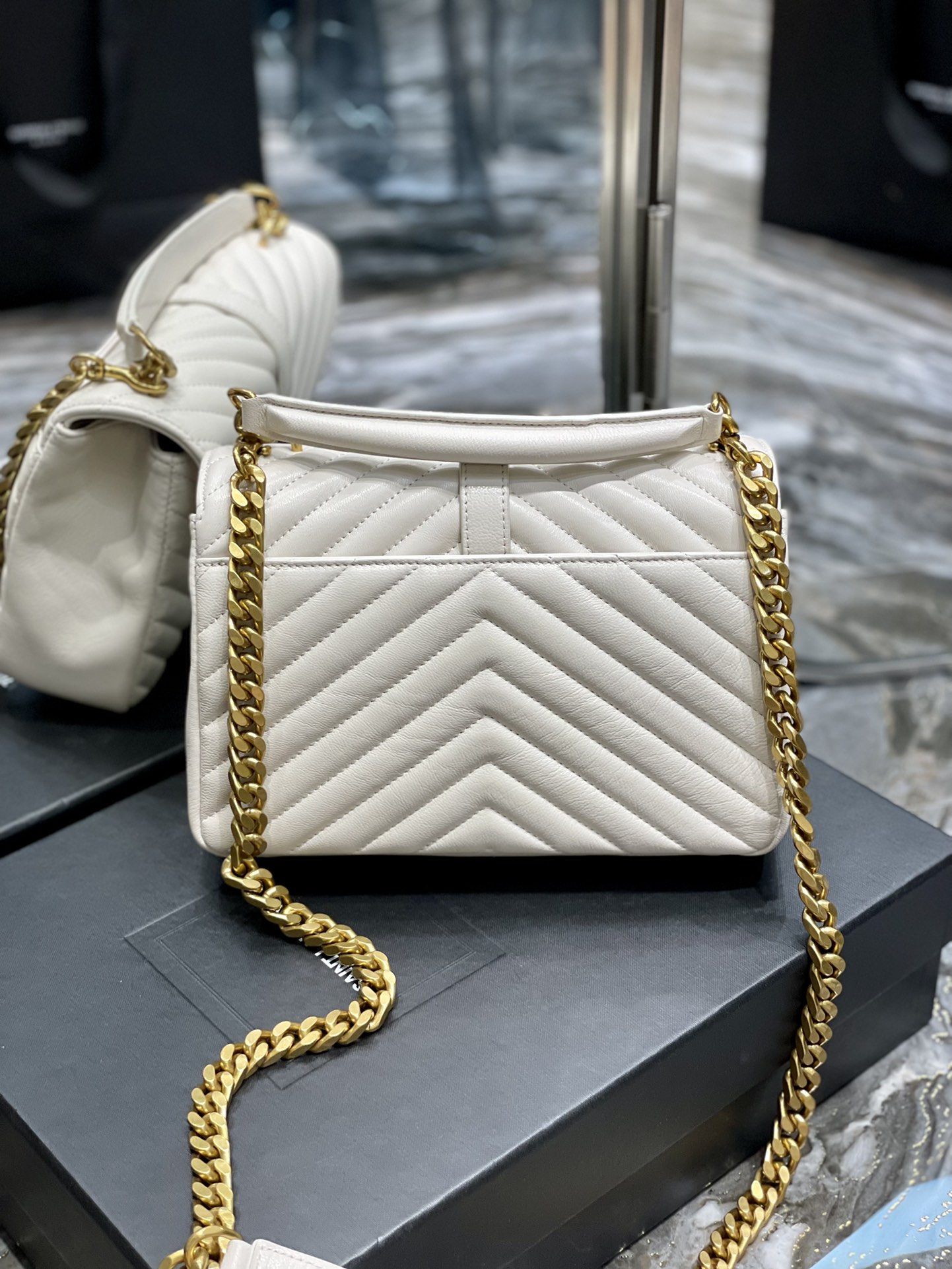 Copy Saint Laurent College Shoulder Bag Medium In Quilted Leather White